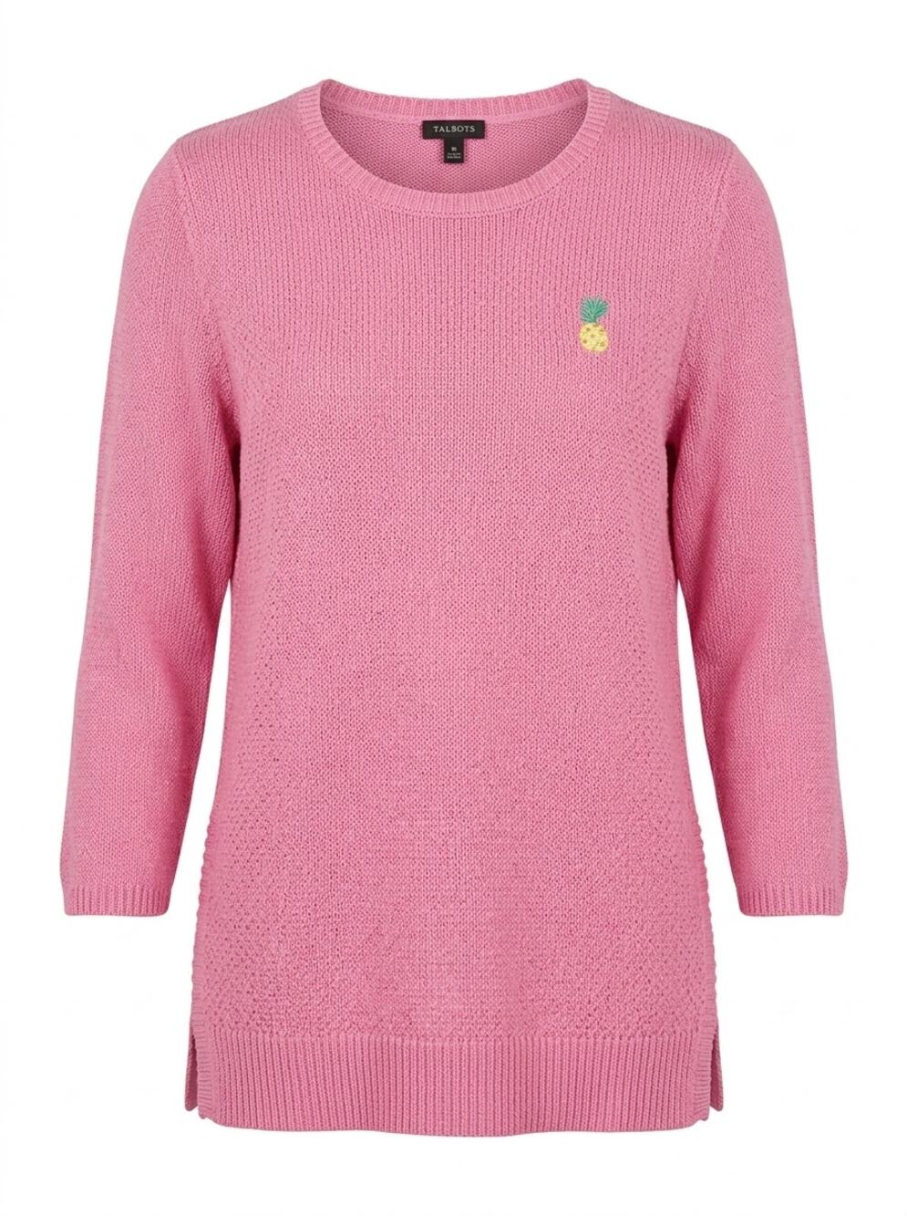 Talbots Linen Blend Pink Pineapple Embroidered Knit Sweater Women Size M